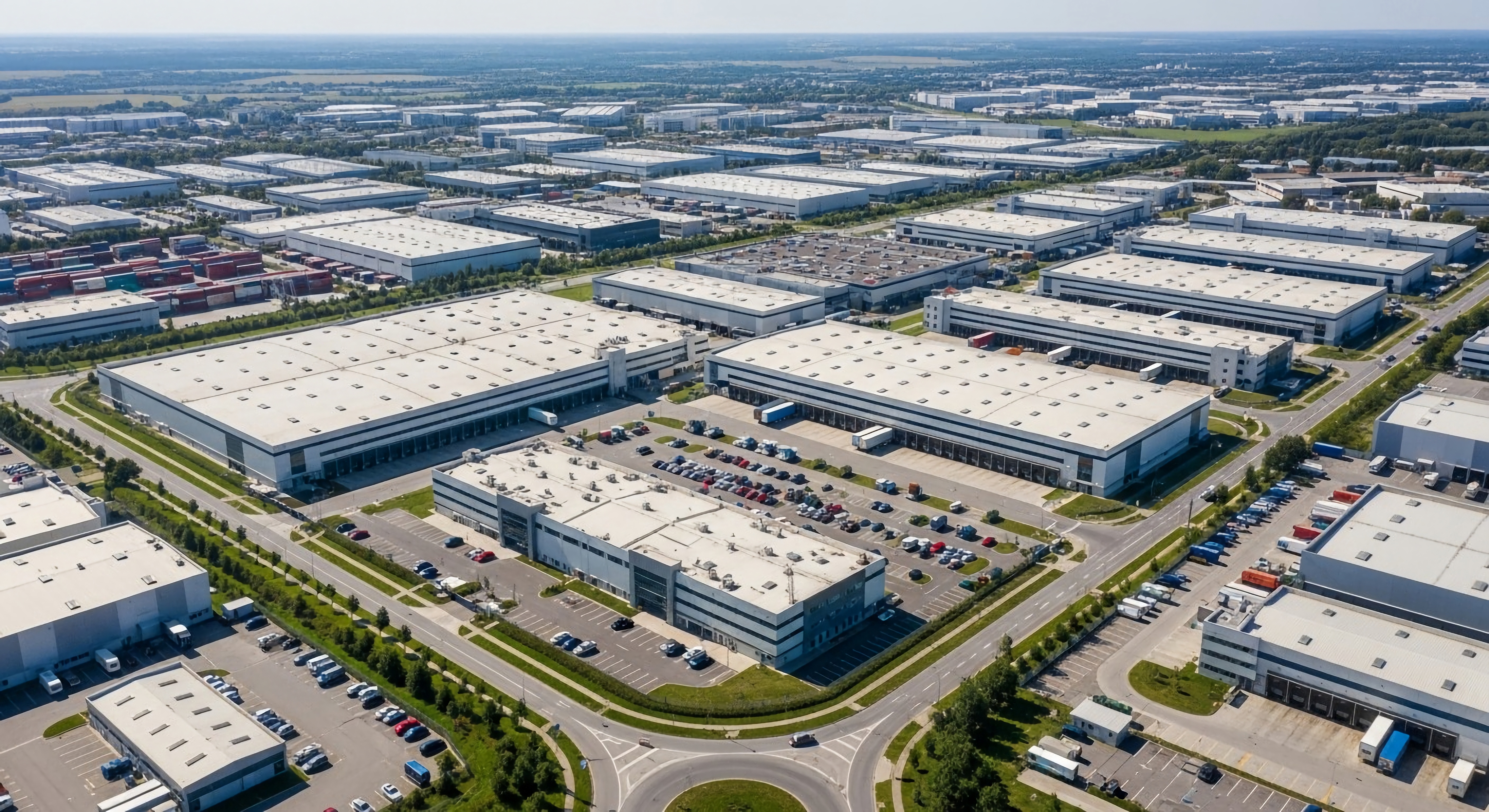 Vast industrial park filled with modern warehouses and distribution centers showcases extensive logistics and transportation infrastructure.